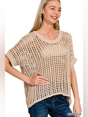 Zenana Ash Mocha Fish Net Short Sleeve Crochet Sweater